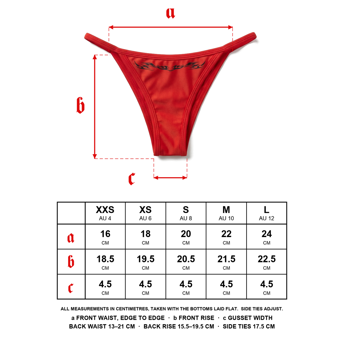 Size guide: bikini bottom measurements for XXS to L (AU 4 to 12)
