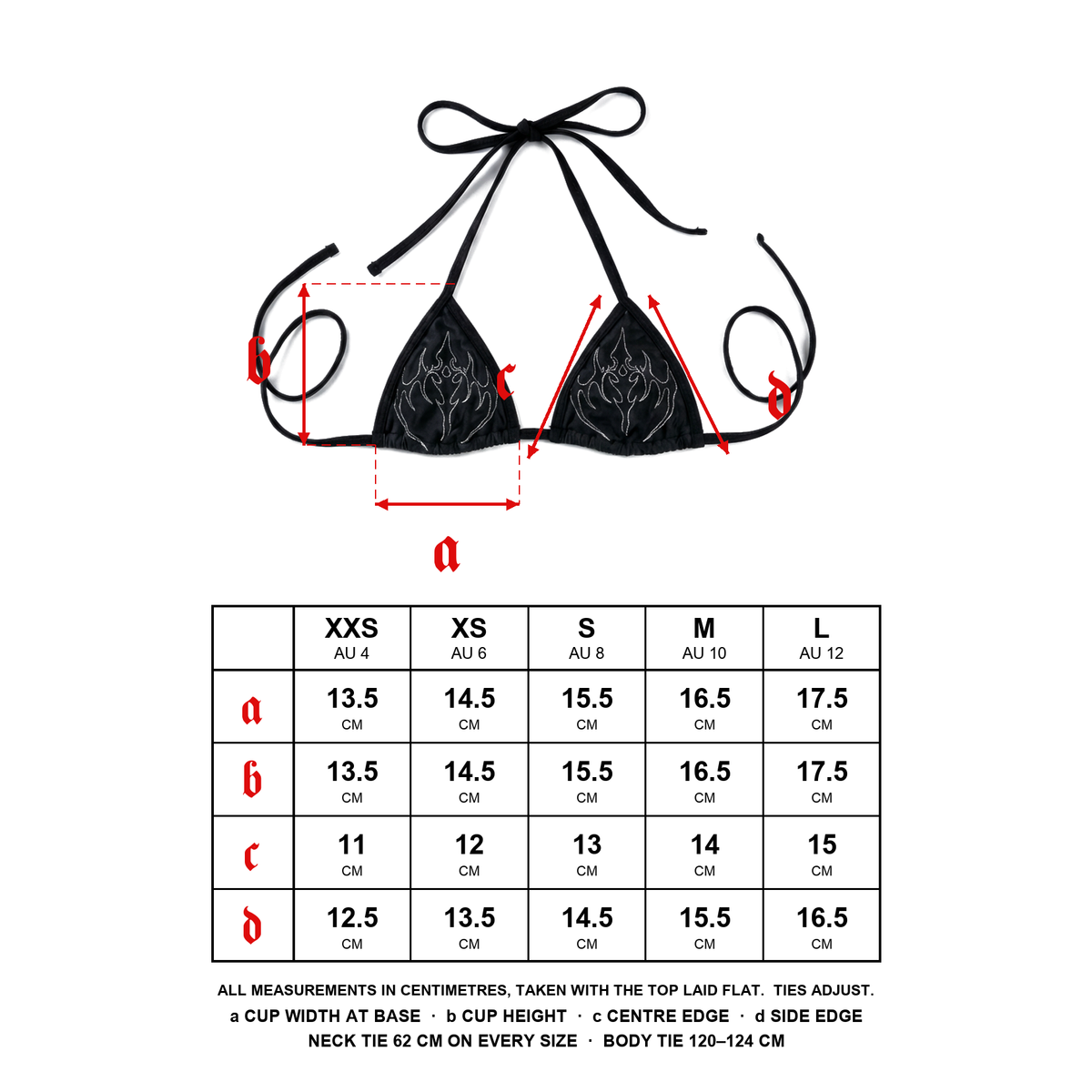 Size guide: bikini top measurements for XXS to L (AU 4 to 12)